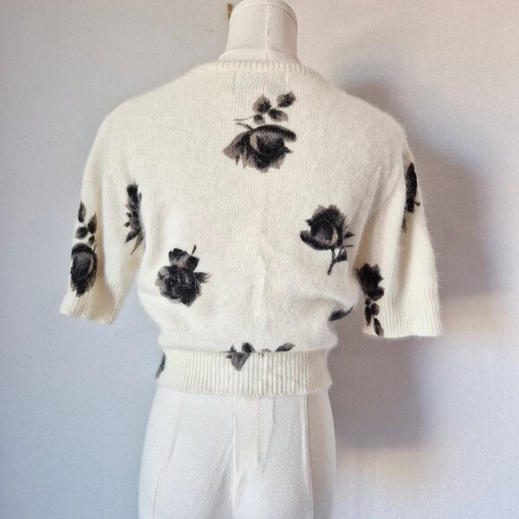 Vintage'90s Express Tricot Floral Rabbit Hair Blend Short Sleeve Sweater Ivory - Picture 6 of 11